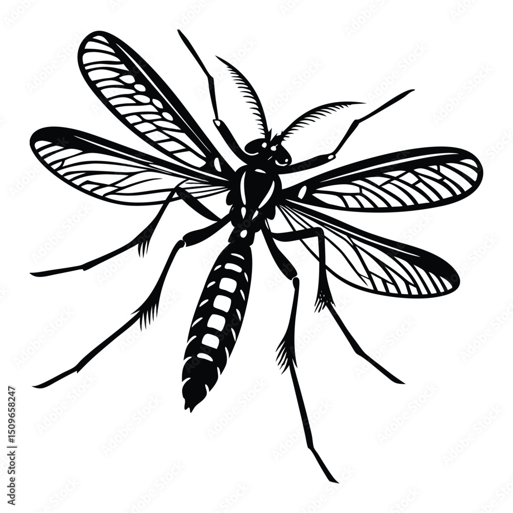 Obraz premium Silhouette of a flying and sucking mosquito with extended proboscis, delicate wings, and long legs—capturing the insect’s stealthy and agile form in mid-air. 