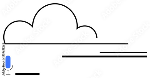Cloud outline, horizontal lines symbolizing data transfer, and microphone denoting voice input. Ideal for cloud computing, voice technology, AI, data storage, networking, innovation and a simple