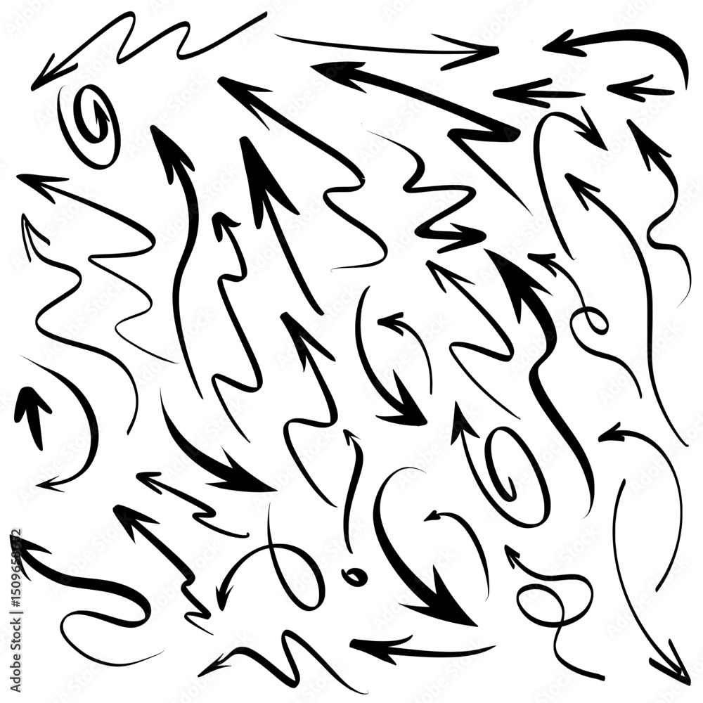 Naklejka premium a diverse collection of hand-drawn arrows. The arrows vary significantly in style, ranging from simple, straight arrows to more complex, curved, and stylized forms. 