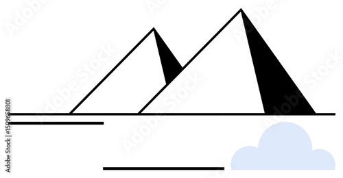 Two geometric pyramids with sharp black-and-white contrasts, abstract horizontal lines, and a faint curved blue cloud. Ideal for travel, history, minimalism, architecture, geometry, nature simple