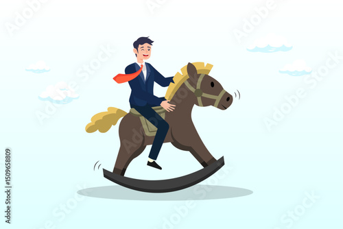 Smart success businessman company founder or billionaire investor riding unicorn rocking horse into the sky, unicorn start up, winner creative idea to earn money and make profit in real life concept