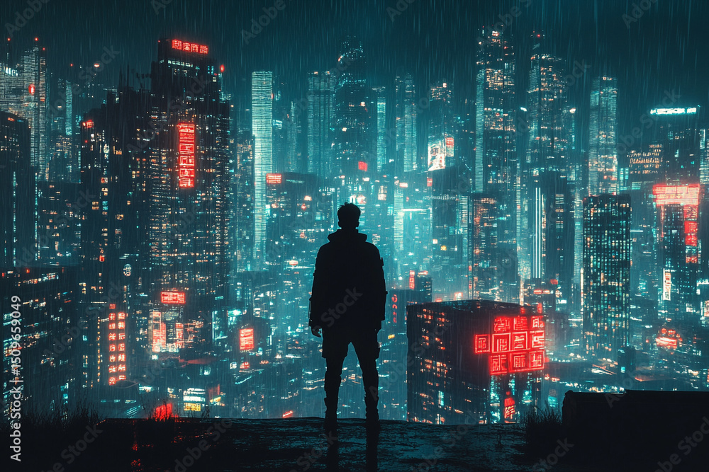 Man standing in a cyberpunk cityscape silhouette Man standing in a cyberpunk cityscape silhouette