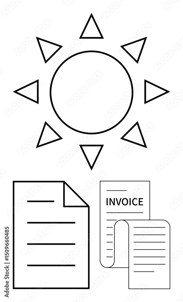 Sun with surrounding rays above a sheet of paper and invoices, representing energy usage, billing, and cost tracking. Ideal for sustainability, energy, savings, budget, finance eco-awareness Sun with surrounding rays above a sheet of paper and invoices, representing energy usage, billing, and cost tracking. Ideal for sustainability, energy, savings, budget, finance eco-awareness