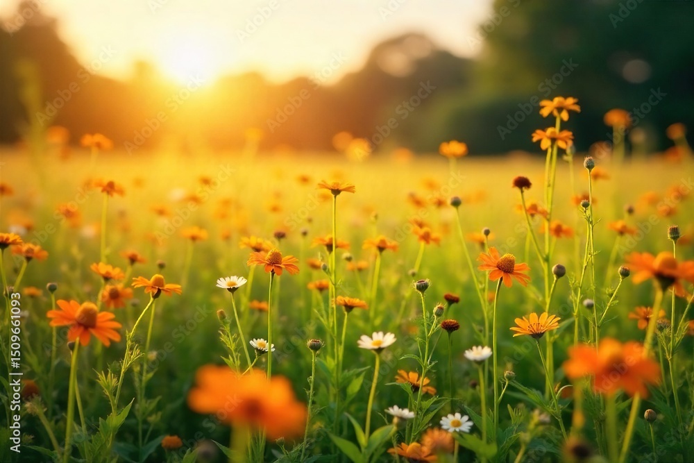 Obraz premium Golden hour sunlight bathes a vibrant summer field, wildflowers swaying gently in the breeze Perfect for idyllic, nature, and seasonal themes A tranquil scene of rural beauty , flora, horizon