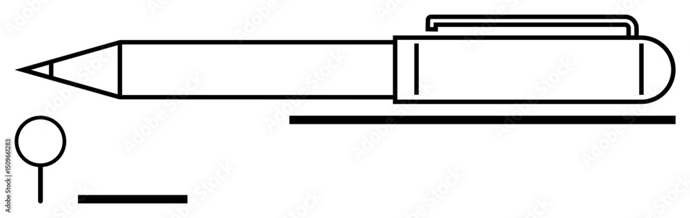Minimal line art of a pen, a push pin, and straight lines. Ideal for writing, office tools, creativity, organization, minimalism, stationery and a simple landing page