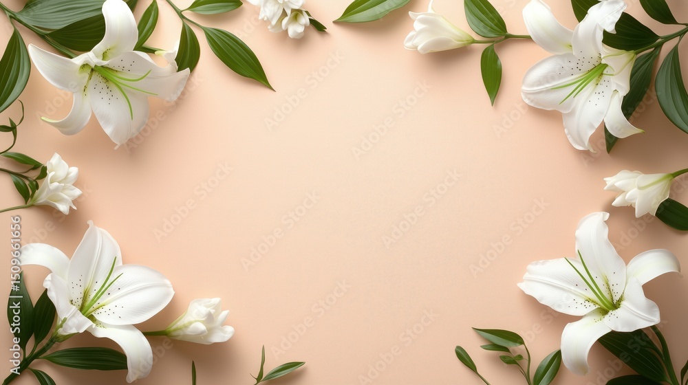 Fototapeta premium Elegant Floral Frame with White Lilies and Soft Beige Background for Invitations and Greetings