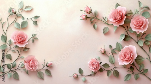 Delicate arrangement of pastel pink roses and leaves.