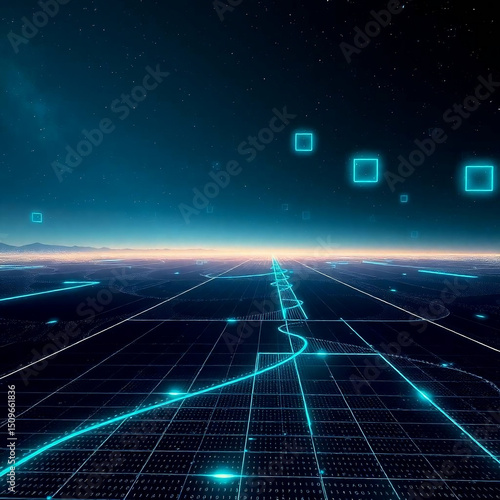Cinematic Abstract Digital Landscape with Glowing Grid and Futuristic Elements

