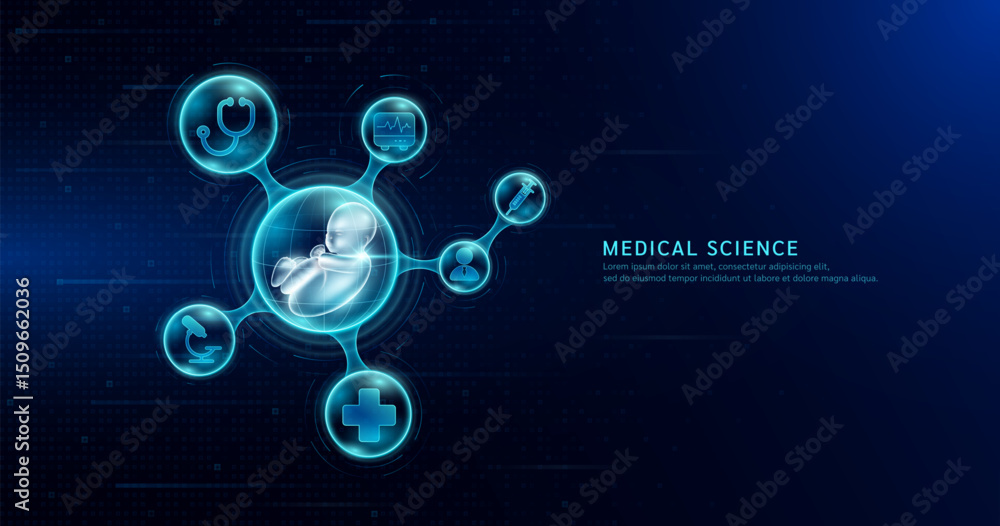 Medical science. Embryo inside transparent molecule with icons doctor pill syringe stethoscope and plus sign. On dark blue digital technology background. Vector EPS10. Medical science. Embryo inside transparent molecule with icons doctor pill syringe stethoscope and plus sign. On dark blue digital technology background. Vector EPS10.