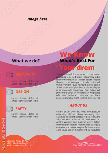 Modern marketing flyer with design shapes and company descriptions with space for image