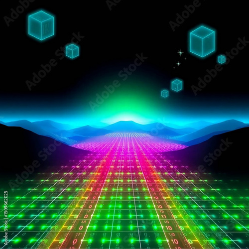 Abstract Digital Landscape with Chiaroscuro Lighting and Vibrant Colors

