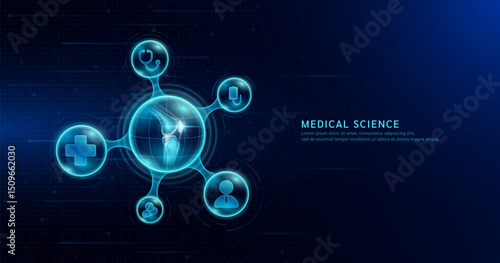 Medical science. Arthritis osteoporosis diagnosis. Human knee joint bone inside transparent molecule with icons doctor pill stethoscope saline bag and cross. On dark blue background. Vector.