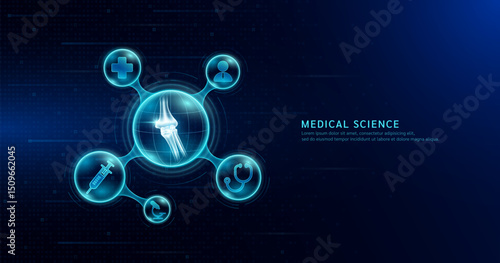 Medical science. Arthritis osteoporosis diagnosis. Human elbow joint bone inside transparent molecule with icons doctor pill syringe stethoscope and plus sign. On dark blue background. Vector.