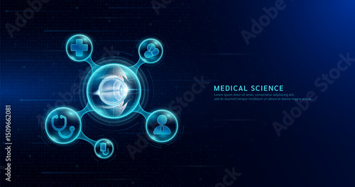 Medical science. Human eye organ inside transparent molecule with icons doctor pill stethoscope saline bag and plus sign. On dark blue digital technology background. Vector EPS10.