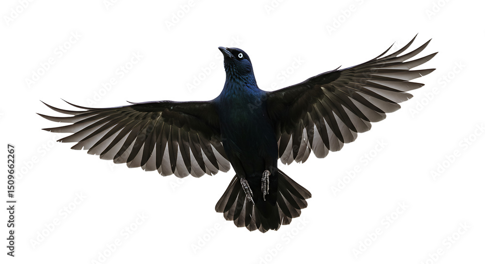 Naklejka premium Iridescent Brewers Blackbird Soaring with Fully Extended Wings and Visible Claws
