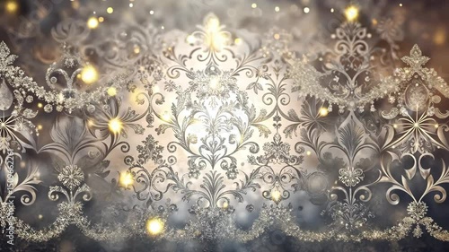 Elegant silver floral damask pattern background with golden bokeh lights and sparkles