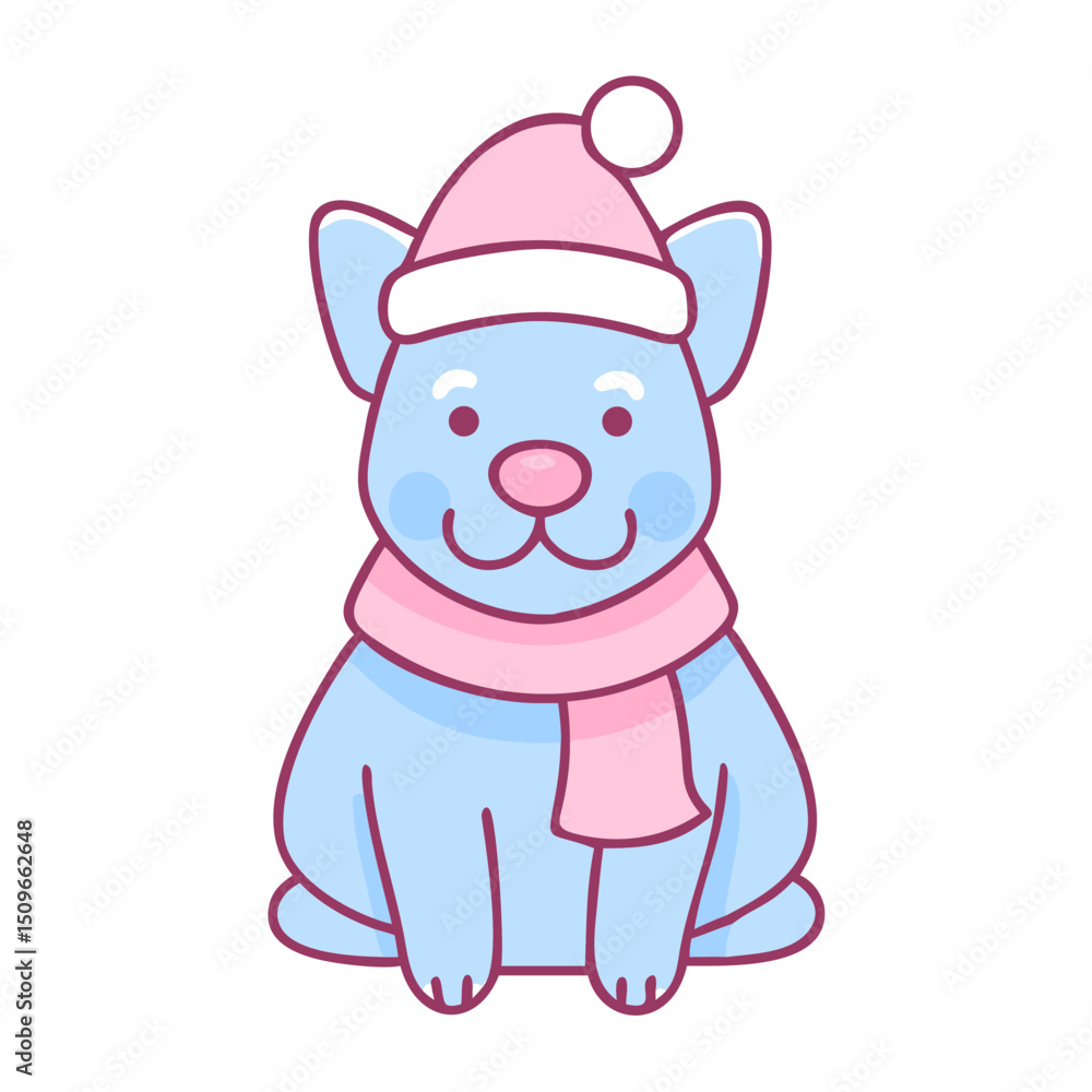 Obraz premium Adorable Christmas dog wearing Santa hat and scarf, pastel vector icon