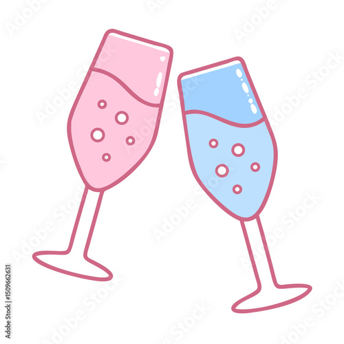 Flat pink and blue champagne glasses clinking, festive celebration icon