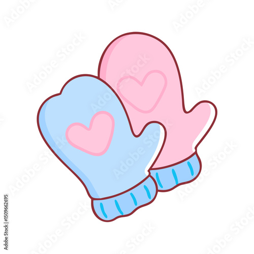 Heart-shaped mitten pair in flat pink and blue, cozy winter icon