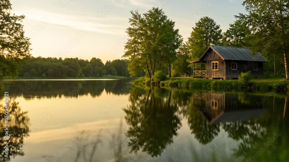 Serene Summer Cabin by the Lake at Sunset Serene Summer Cabin by the Lake at Sunset