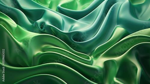 Abstract green silk fabric with smooth wavy texture and flowing surface