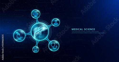 Human liver organ inside transparent molecule with icons doctor pill stethoscope and plus sign on dark blue digital technology background. Medical science. Vector EPS10.
