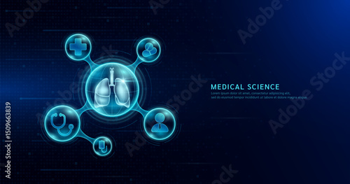 Medical science. Human lung organ inside transparent molecule with icons doctor pill stethoscope saline bag and plus sign. On dark blue digital technology background. Vector EPS10.