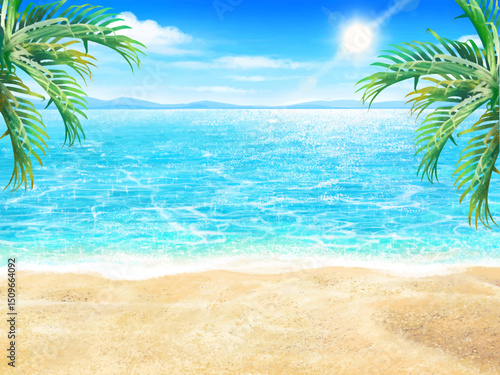 tropical beach with palm trees-Quiet and beautiful morning sea, emerald green sea and white sandy beach for vacation and holiday season