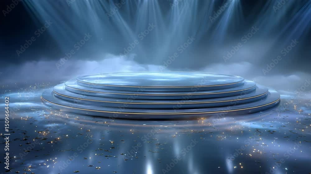 Futuristic Circular Stage Platform With Glowing Lights And Fog Effects Under Spotlight In Dark Sci Fi Virtual Environment