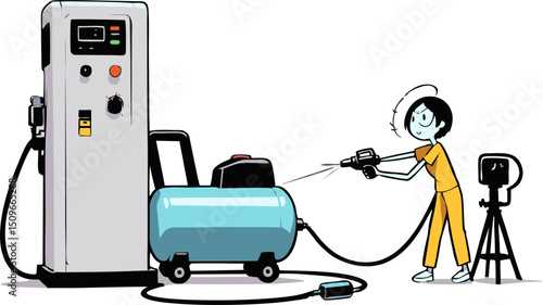 Woman in Jumpsuit Using Air Compressor for Industrial Cleaning