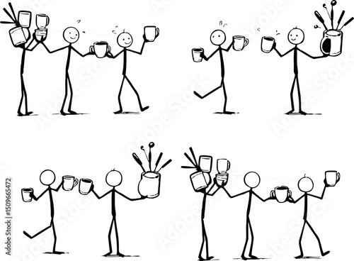 Playful Stick Figures Enjoying Coffee Break, Set of Illustrations