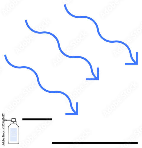 Gentle air currents marked by arrows, deodorizer bottle below, thin lines forming a scene. Ideal for airflow, hygiene, deodorization, freshness, cleaning, comfort flat simple metaphor
