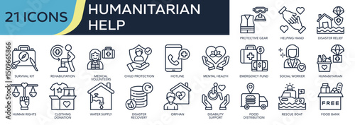 Collection of Humanitarian Help icons, related to mental health, human rights, volunteer, food donation, Humanitarian and more. Outline icons vector illustation.