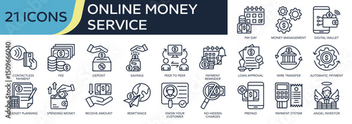 Collection of Online Money Service icons, related to money management, angel investor, budget planning, savings, deposit and more. Outline icons vector illustation.