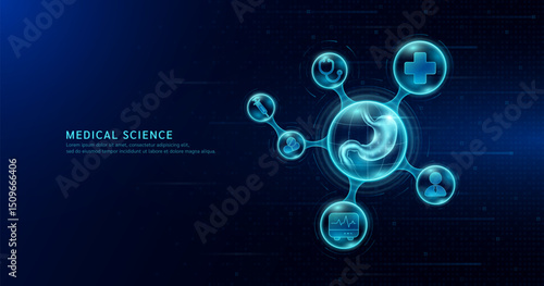 Medical science. Human stomach organ inside transparent molecule with icons doctor pill syringe stethoscope and plus sign. On dark blue digital technology background. Vector EPS10.