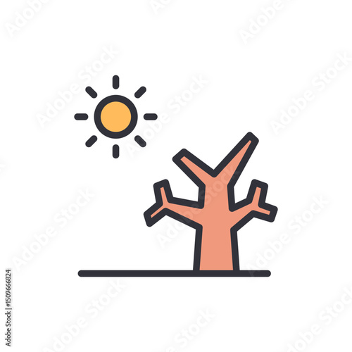 Stylized Desert Landscape With A Bare Tree And Yellow Sun Icon