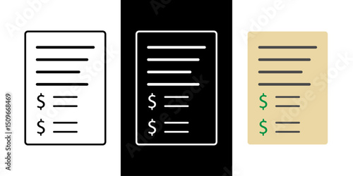 Tax return form with figures icon in outline, dark mode, and color styles, vector illustration of official document showing calculated income, deductions, and tax obligations.