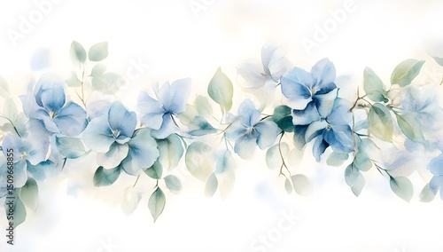 Watercolor blue floral border with white background, light green leaves, and purple flowers.