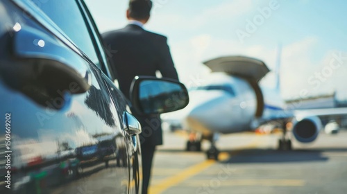 A businessman walking toward a jet beside a shiny black car