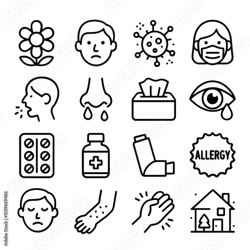 Outline Handdrawn Allergy and Flu Symptoms Illness Line Icon Set