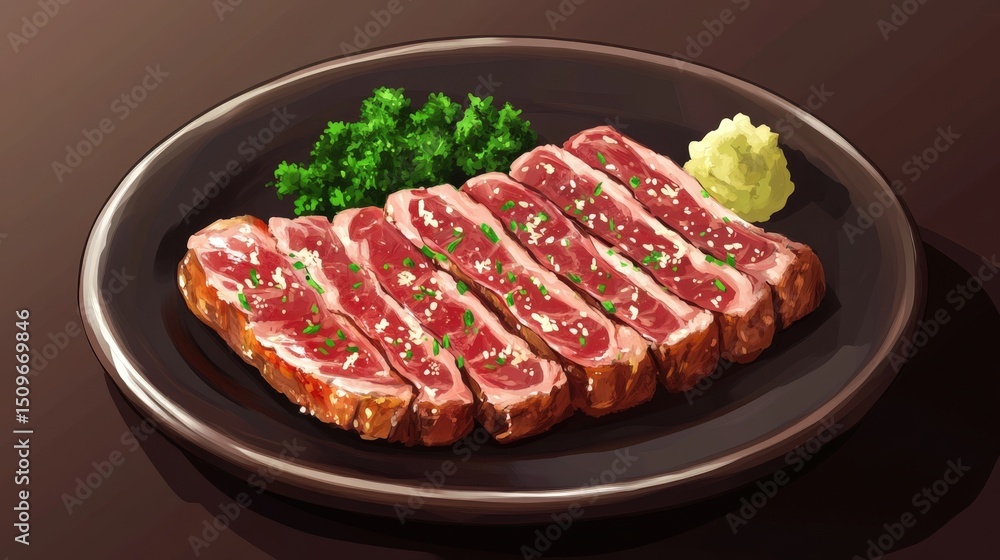Sliced steak served on a dark plate with garnish and wasabi, showcasing culinary presentation Sliced steak served on a dark plate with garnish and wasabi, showcasing culinary presentation
