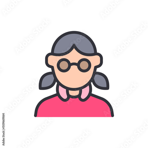 Stylized Depiction Of An Elderly Woman With Ponytails And Glasses