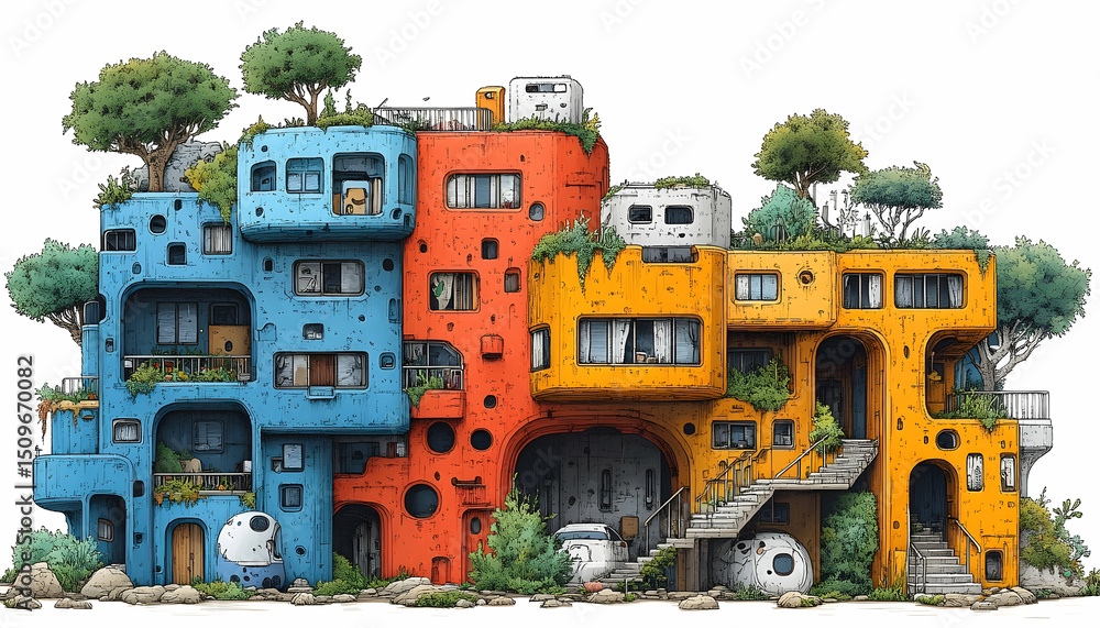 Whimsical, colorful cube-like building with rooftop plants, rounded windows, and unique steps against a white backdrop Whimsical, colorful cube-like building with rooftop plants, rounded windows, and unique steps against a white backdrop