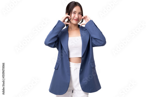 Portrait of happy young business woman showing heart shape hand sign isolated on transparent background, PNG file format.