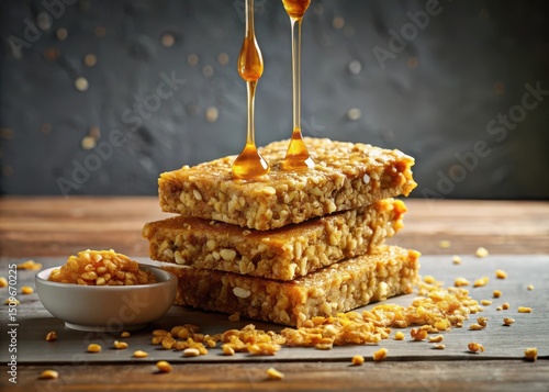 A delicate drizzle of warm honey cascades over a crunchy oat bar
