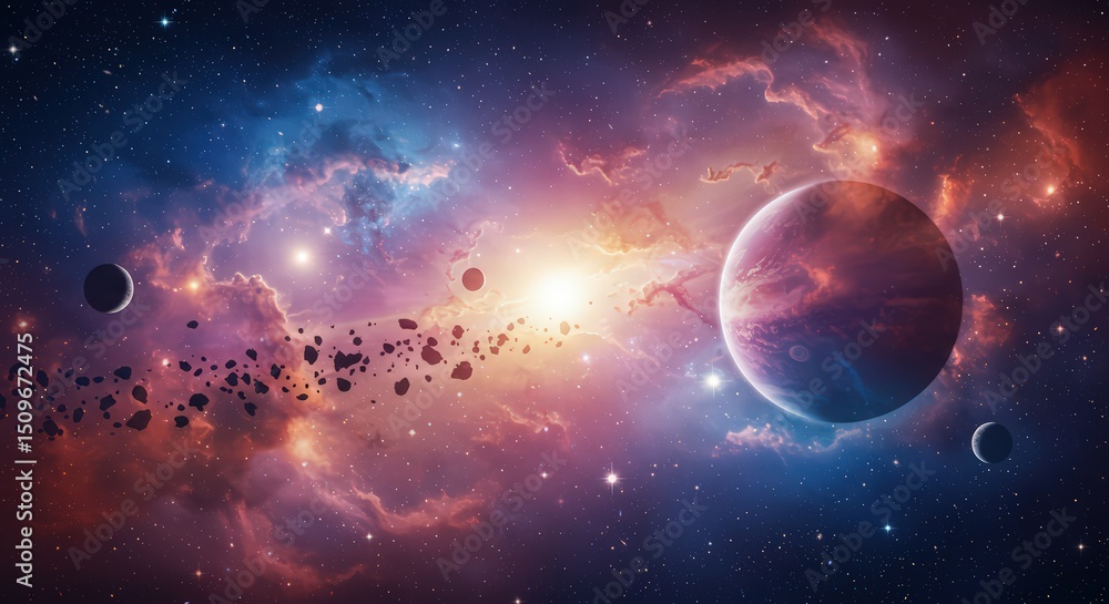 Obraz premium Cosmic Nebula: A Celestial Tapestry of Planets, Stars, and Asteroids