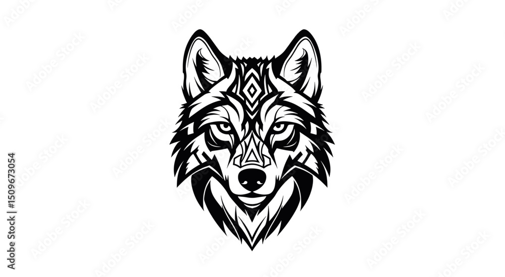 Fototapeta premium Detailed Black and White Wolf Head Illustration with Geometric Patterns on a Clean White Background