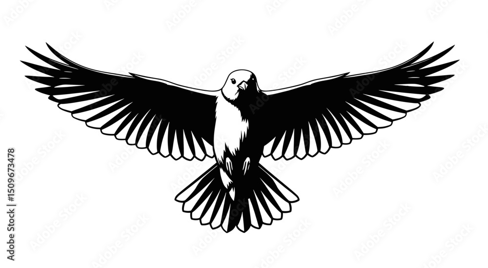 Fototapeta premium Stylized Illustration of a Flying Eagle with Wide Spread Wings in Detailed Black and White Feather Pattern Isolated on White Background
