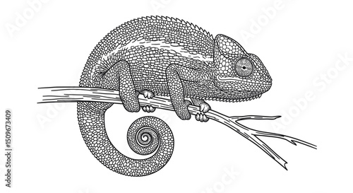 Monochrome Illustration of a Chameleon Perched on Branch on White Background Featuring Detailed Line Work and Natural Textures Ideal for Graphic Design