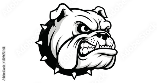 Aggressive Monochrome Bulldog Head with Spiked Collar Cartoon Illustration on White Background Depicting Fierce Canine Facial Expression